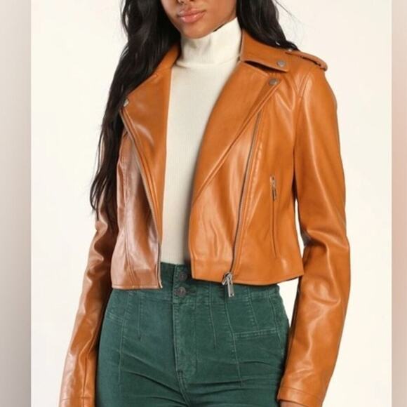 NWT * AVEC LES FILLES Vegan Leather Moto Biker Jacket in Camel - Size M - $174. - Picture 13 of 14